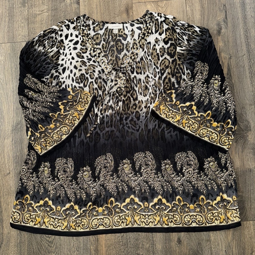 DressBarn‎ Womens 2XL Shirt Black Leopard Print Floral Boho Peasant Holiday